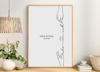 Personalisiertes Hochzeitsgeschenk Poster Hand Hände minimalistische Zeichnung