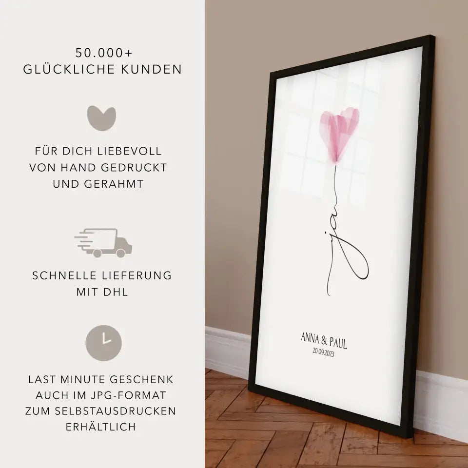 Personalisiertes Ja Poster mit Blume Geschenk Brautpaar Hochzeit