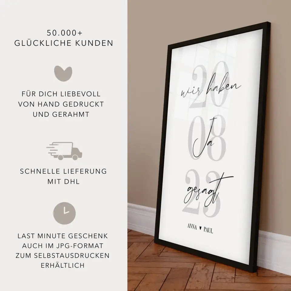 Personalisiertes Bild "Wir haben JA gesagt" Hochzeitsgeschenk mit Datum