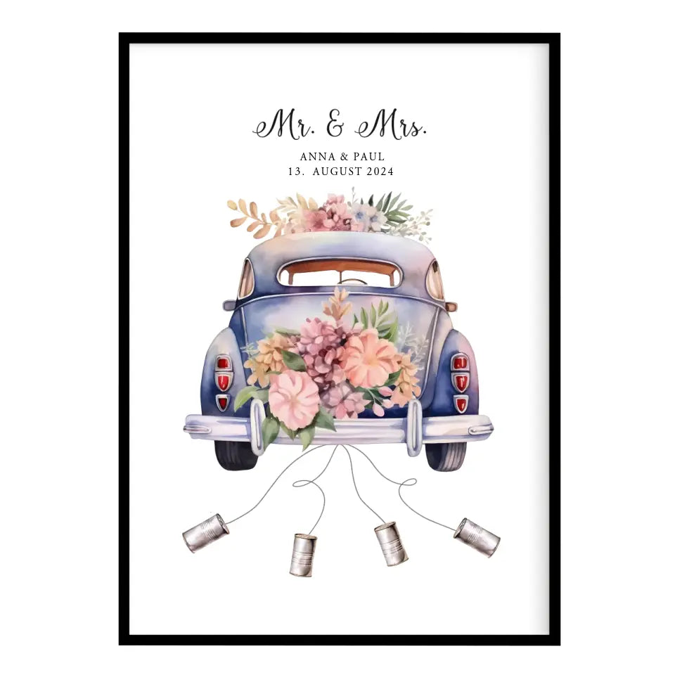 Personalisiertes Poster mit Auto Just Married Geldgeschenk Hochzeit