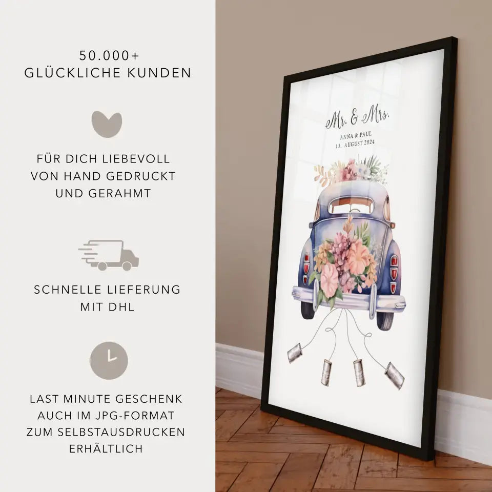 Personalisiertes Poster mit Auto Just Married Geldgeschenk Hochzeit