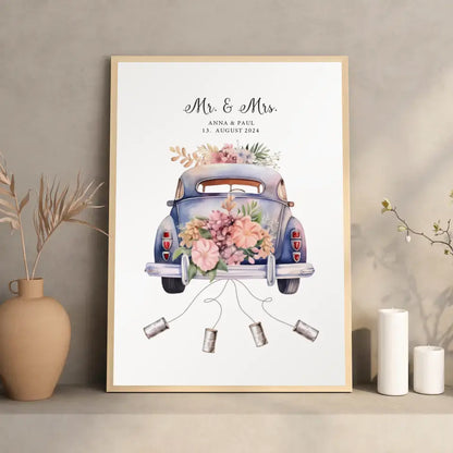 Personalisiertes Poster mit Auto Just Married Geldgeschenk Hochzeit