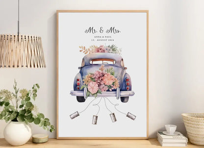 Personalisiertes Poster mit Auto Just Married Geldgeschenk Hochzeit