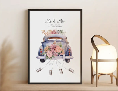 Personalisiertes Poster mit Auto Just Married Geldgeschenk Hochzeit