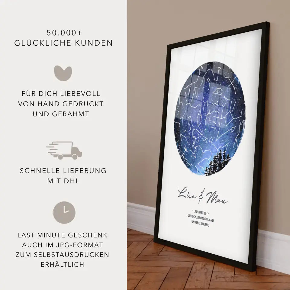 Unsere Sterne - Poster - Personalisierte Sternkarte in Aquarell, Dunkelblau