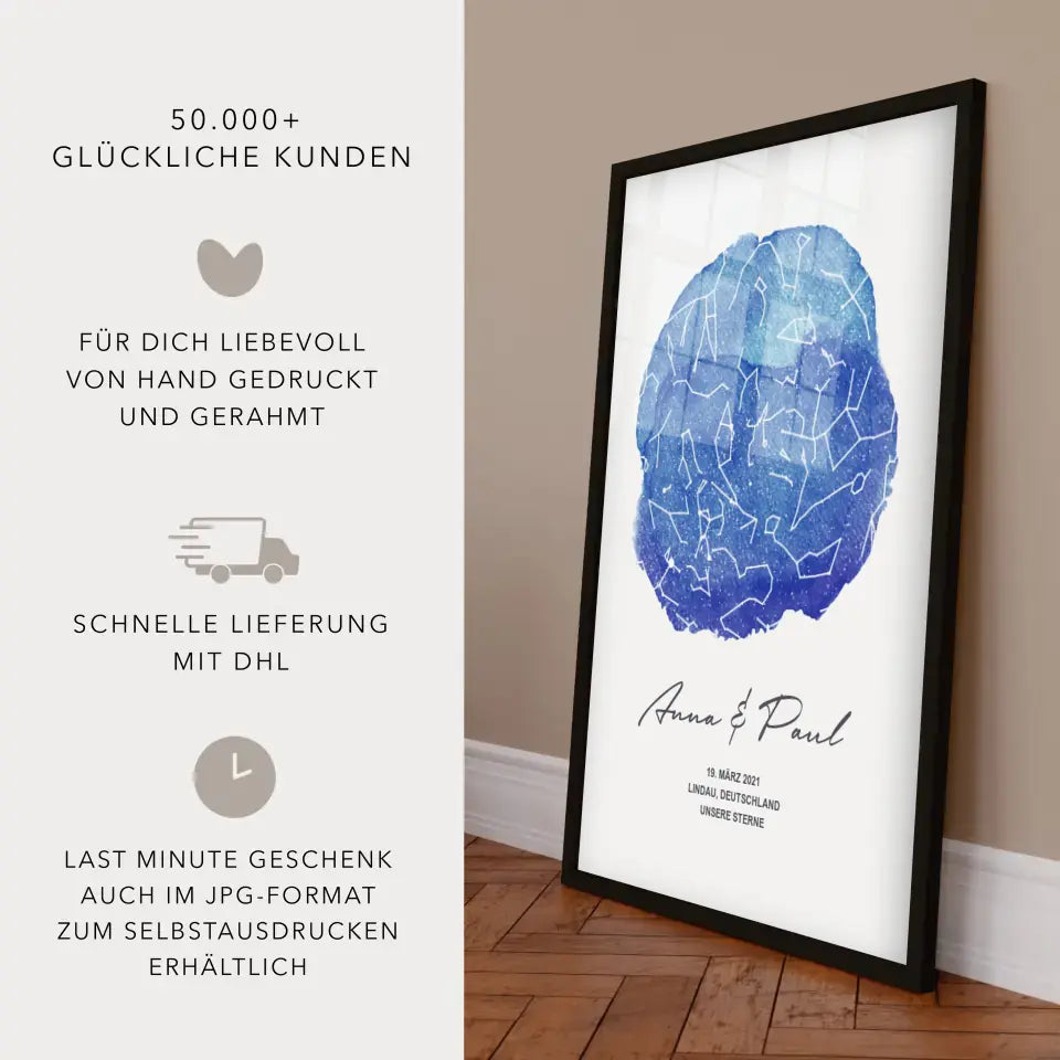 Unsere Sterne - Poster - Personalisierte Sternkarte in Aquarell, Blau