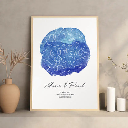 Unsere Sterne - Poster - Personalisierte Sternkarte in Aquarell, Blau