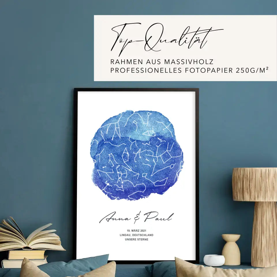 Unsere Sterne - Poster - Personalisierte Sternkarte in Aquarell, Blau