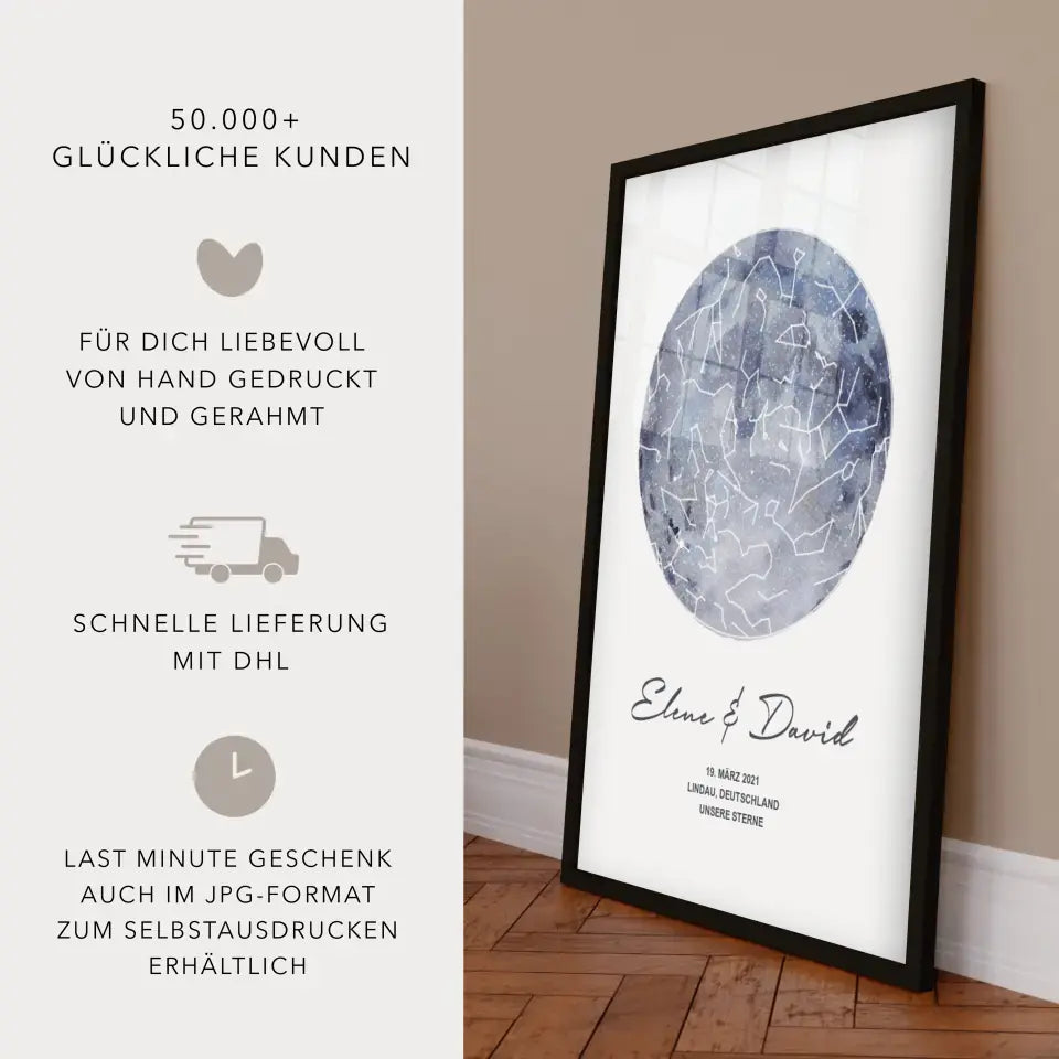 Unsere Sterne - Poster - Personalisierte Sternkarte in Aquarell, Mond