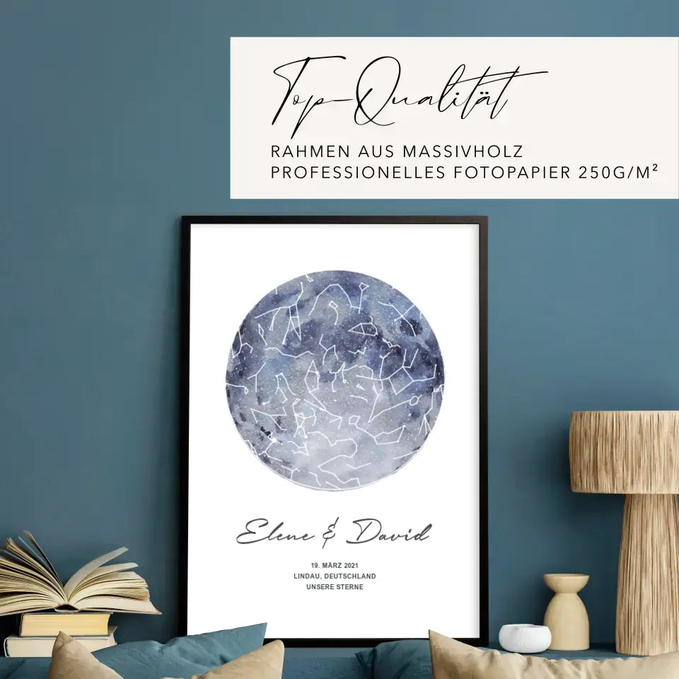 Unsere Sterne - Poster - Personalisierte Sternkarte in Aquarell, Mond