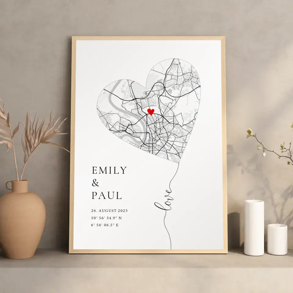 Personalisierte Stadtkarte Love Herz Poster