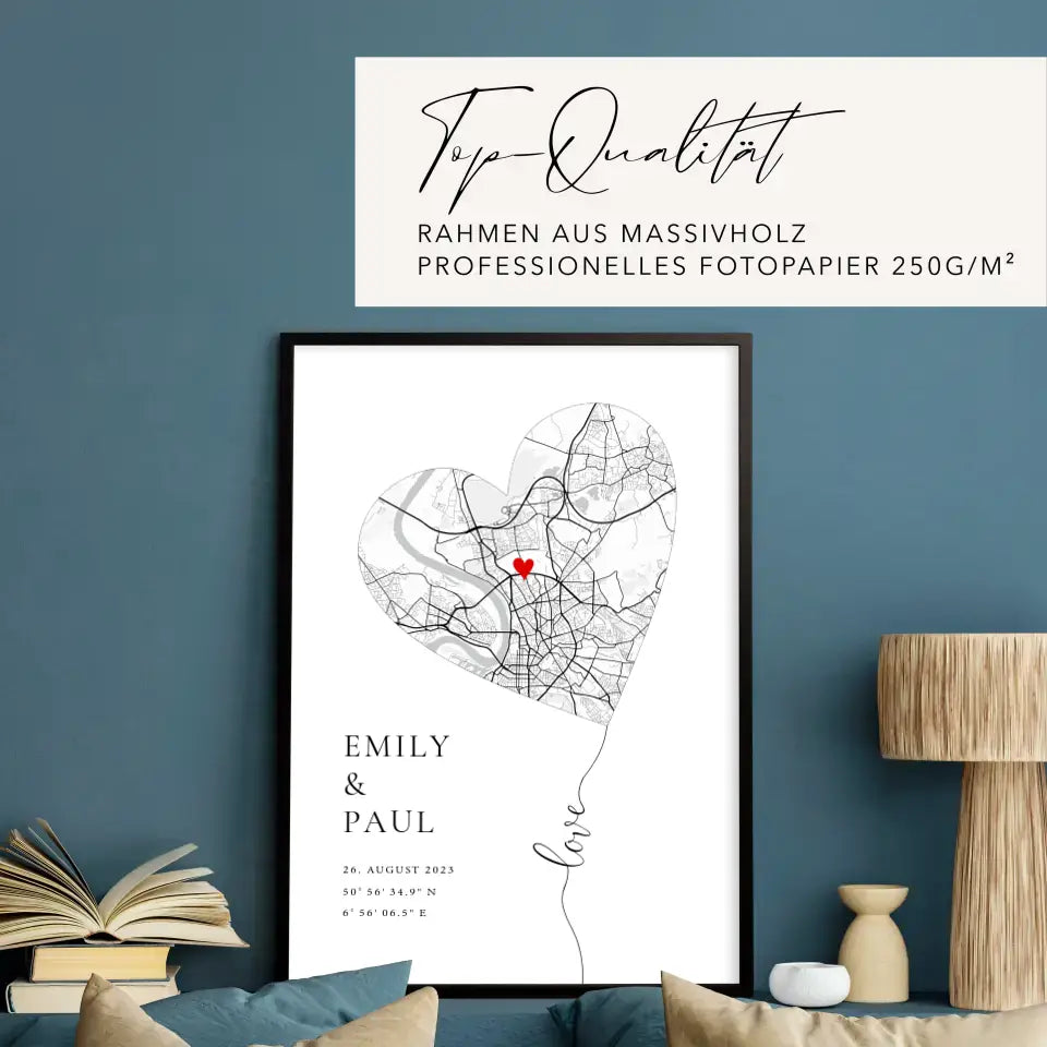 Personalisierte Stadtkarte Love Herz Poster