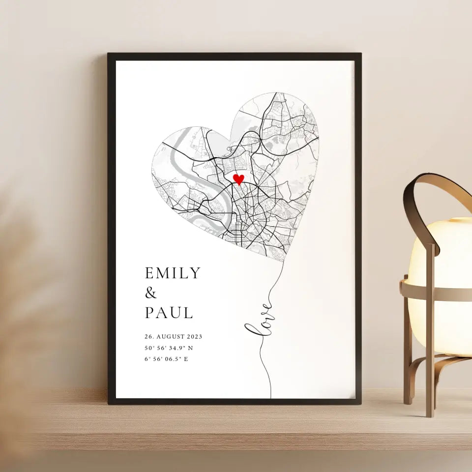 Personalisierte Stadtkarte Love Herz Poster