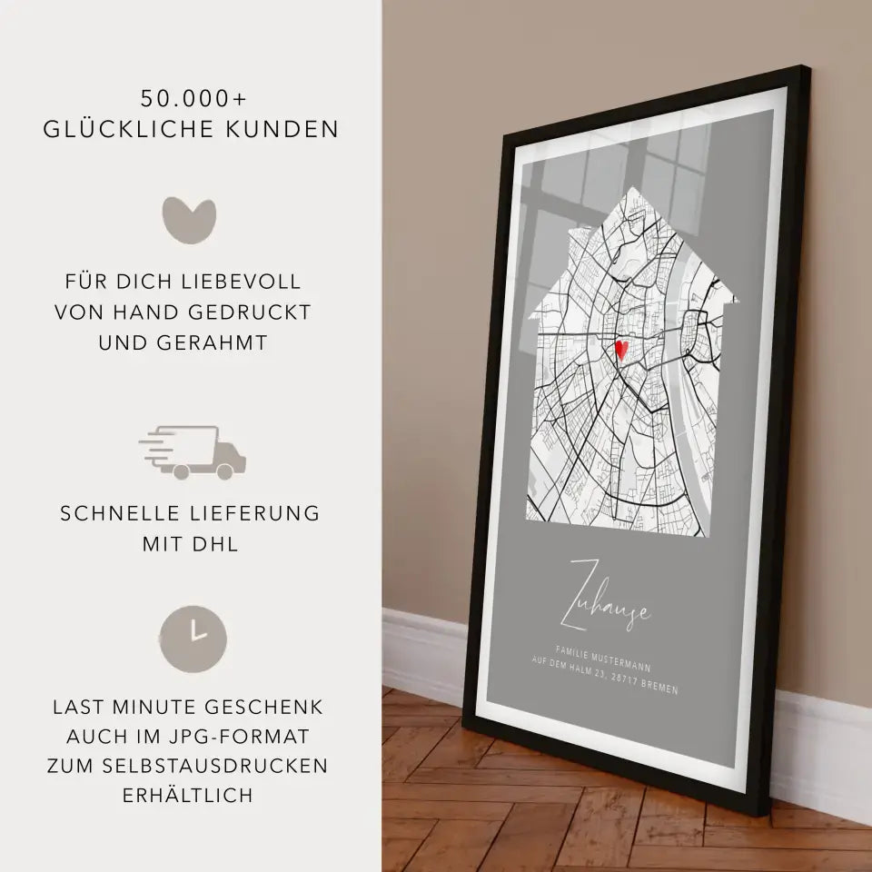 Zuhause Poster mit Haus - Personalisierte Stadtkarte