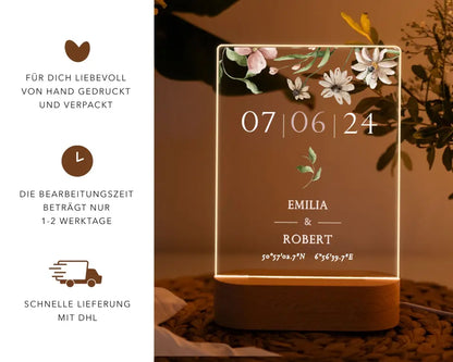 Nachtlicht personalisiert mit Namen und Datum Blumen Motive