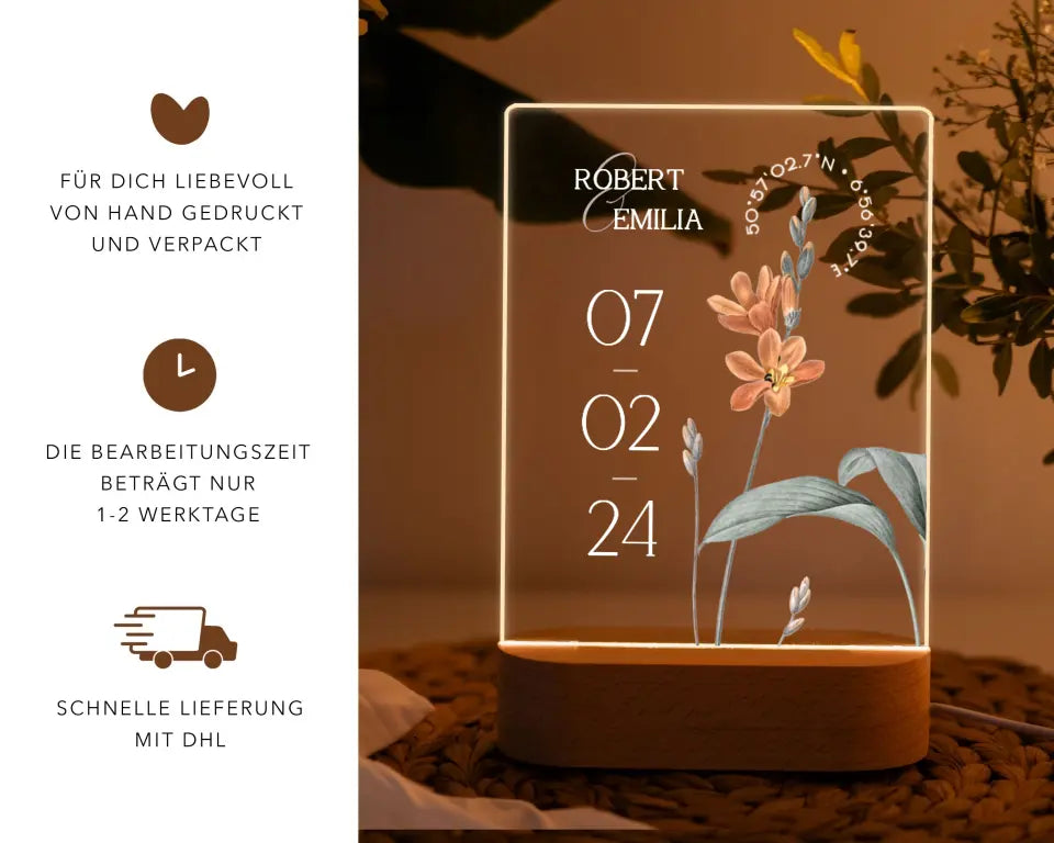 LED Lampe mit Datum und Namen Geschenk zur Hochzeit personalisiert