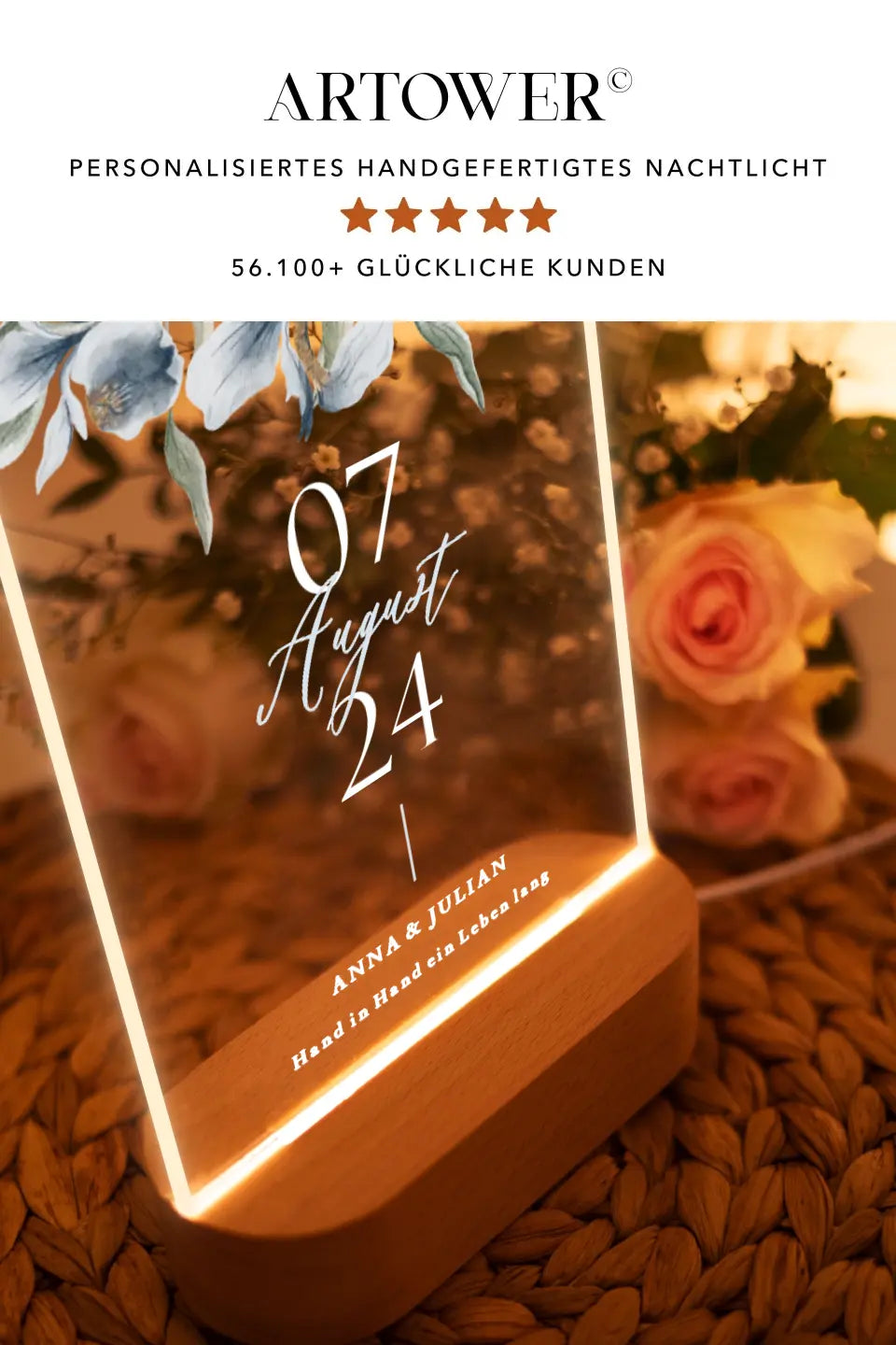 Nachttischlampe aus Acryl Hochzeit oder Jahrestag Geschenk