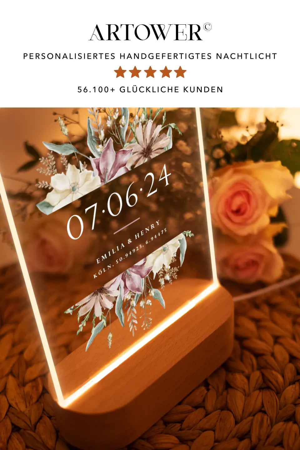 Hochzeitsgeschenk mit Datum Nachttischlampe aus Acryl