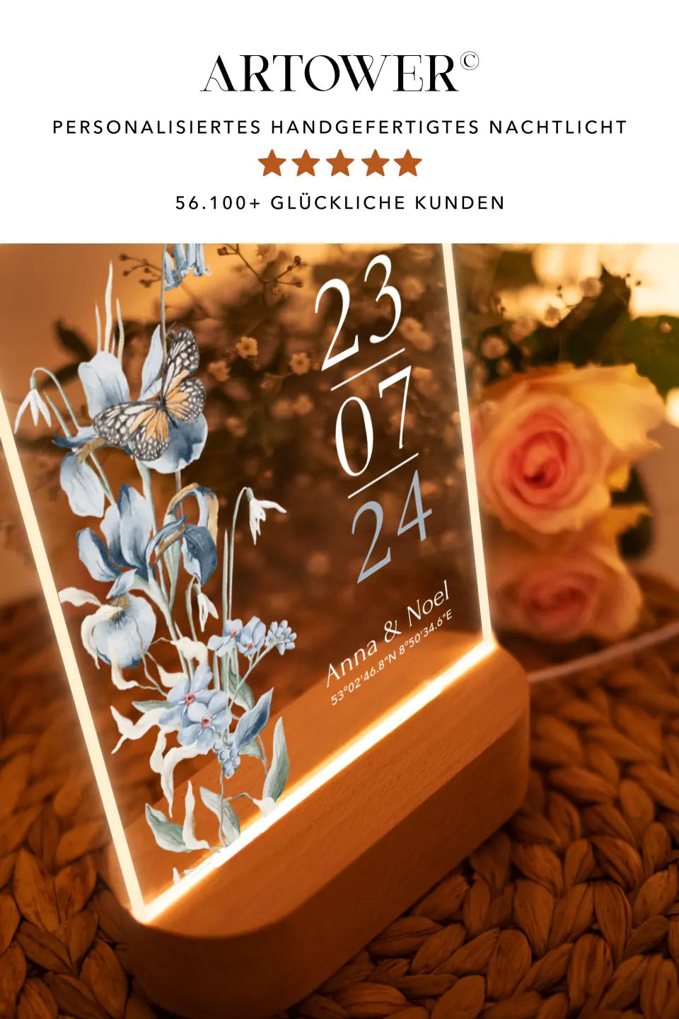 Nachttischlampe mit Datum und Blumen Hochzeit Geschenk