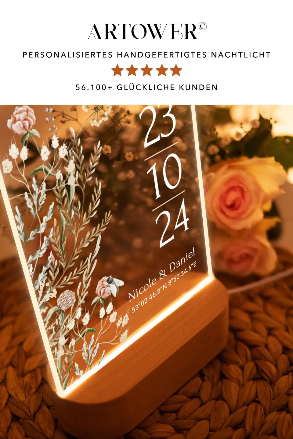 Nachtlicht mit Datum und Blumen Hochzeitsgeschenk