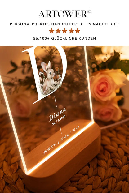 Nachtlicht personalisiert Geschenk zur Geburt Kaninchen Blumen Aquarell