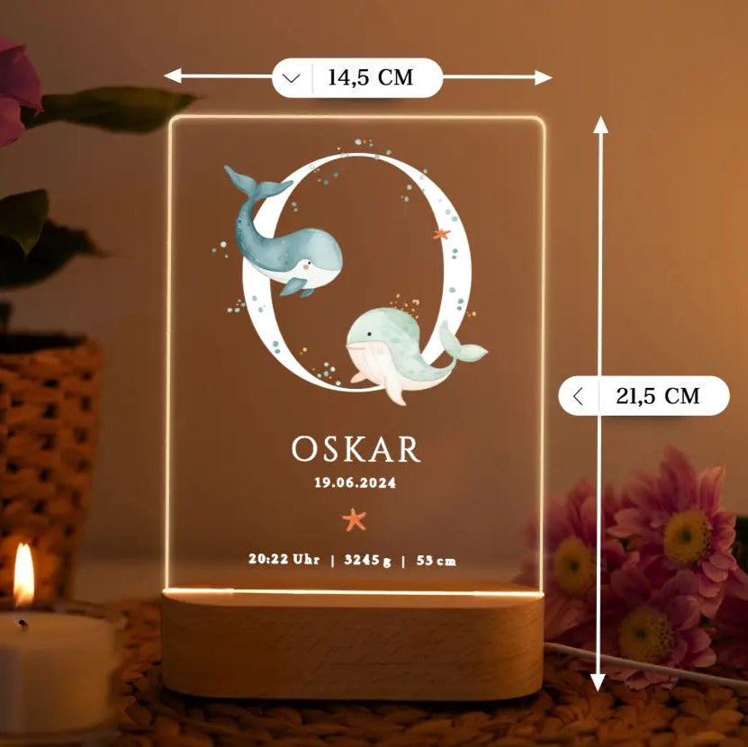 Nachtlicht personalisiert Geschenk zur Geburt Aquarell Wal