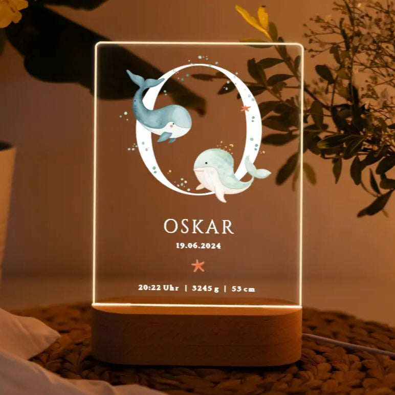 Nachtlicht personalisiert Geschenk zur Geburt Aquarell Wal