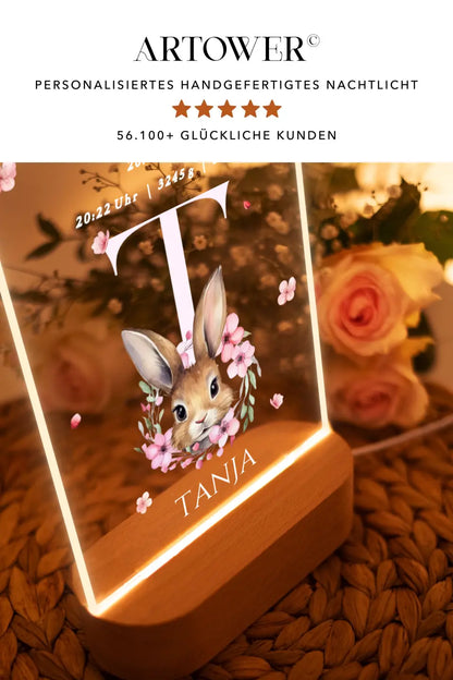 Nachtlicht personalisiert Geburtsgeschenk Mädchen Aquarell Kaninchen