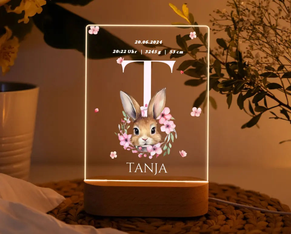 Nachtlicht personalisiert Geburtsgeschenk Mädchen Aquarell Kaninchen