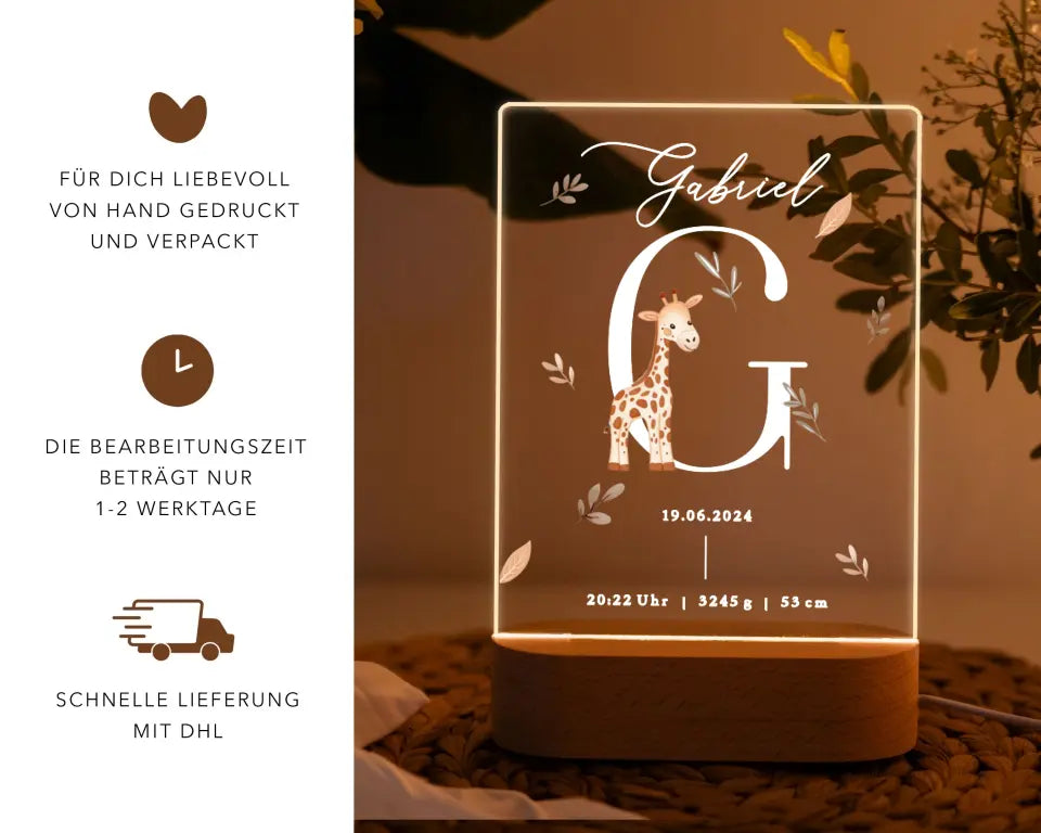 Nachtlicht personalisiert Geschenk zur Geburt Buchstabe Giraffe