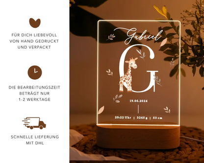 Nachtlicht personalisiert Geschenk zur Geburt Buchstabe Giraffe