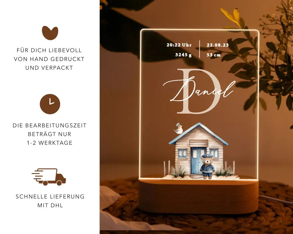 Nachtlicht personalisiert Geschenk zur Geburt Ahoi Aquarell Buchstabe