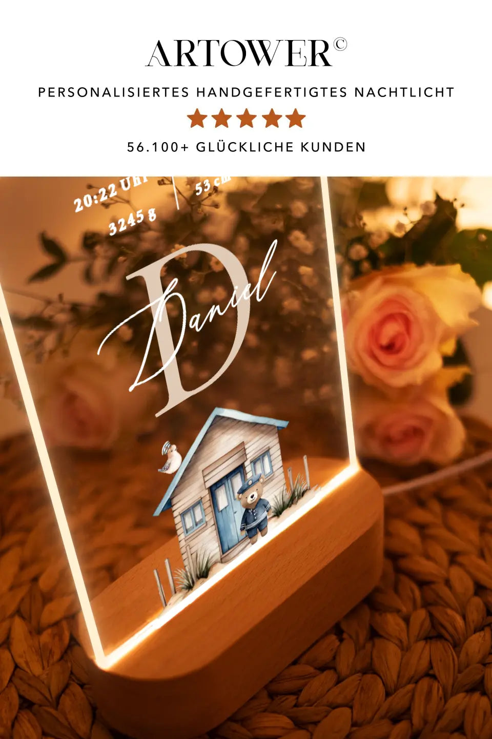 Nachtlicht personalisiert Geschenk zur Geburt Ahoi Aquarell Buchstabe