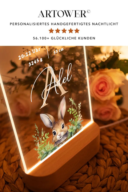 Nachtlicht personalisiert Geschenk zur Geburt Buchstabe Aquarell Häschen