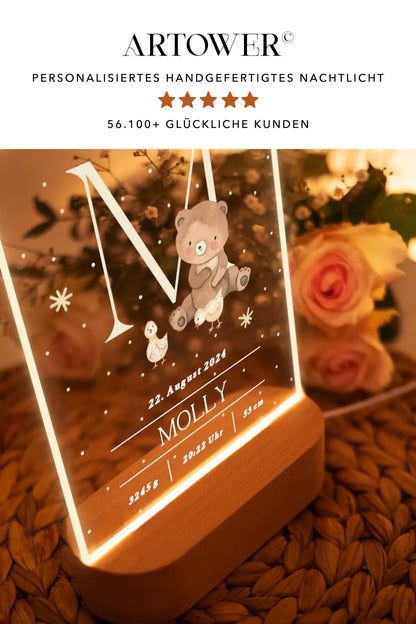 Nachtlicht personalisiert Geschenk zur Geburt Buchstabe Aquarell Teddy Bär