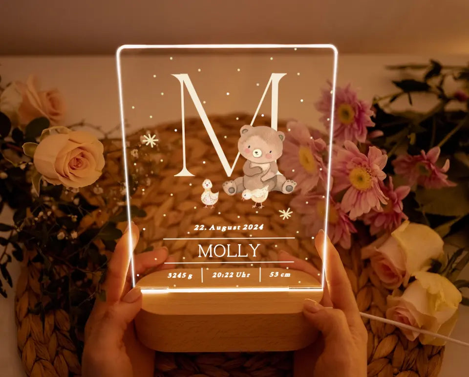 Nachtlicht personalisiert Geschenk zur Geburt Buchstabe Aquarell Teddy Bär