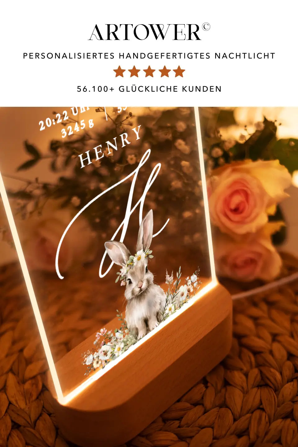 Nachtlicht LED Geburtsgeschenk Tier Kaninchen Aquarell