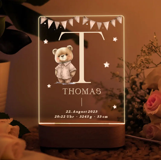 Nachtlicht personalisiert Geschenk zur Geburt Teddybär Aquarell Beige