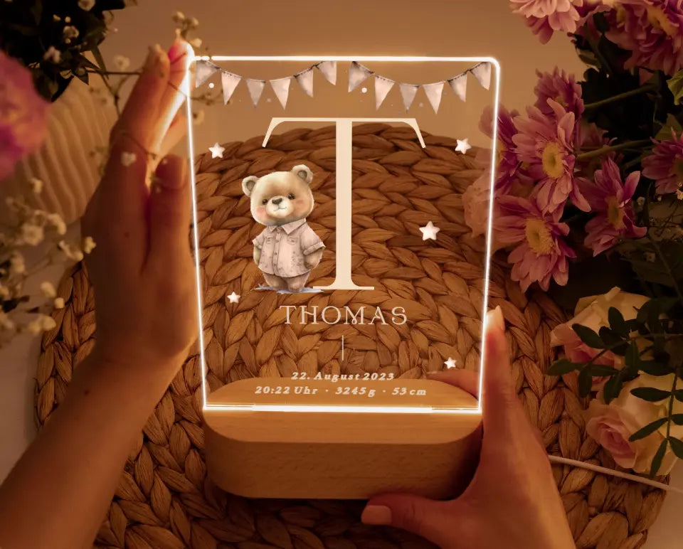 Nachtlicht personalisiert Geschenk zur Geburt Teddybär Aquarell Beige