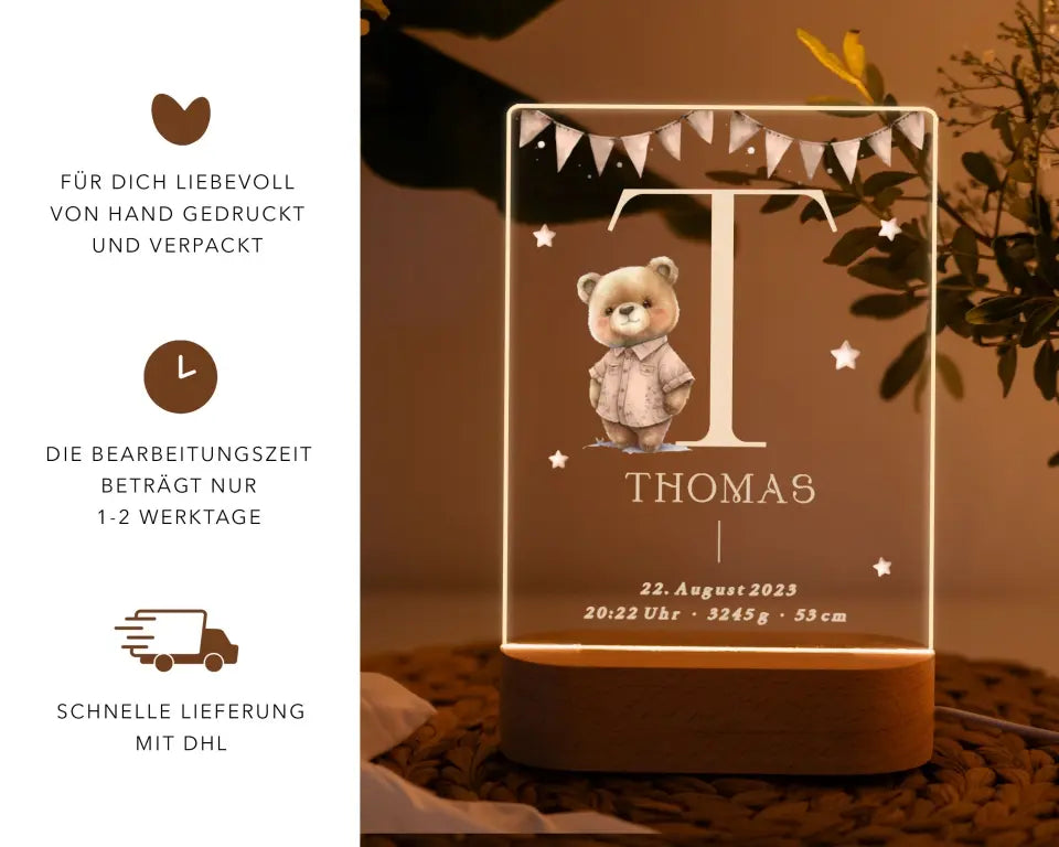 Nachtlicht personalisiert Geschenk zur Geburt Teddybär Aquarell Beige