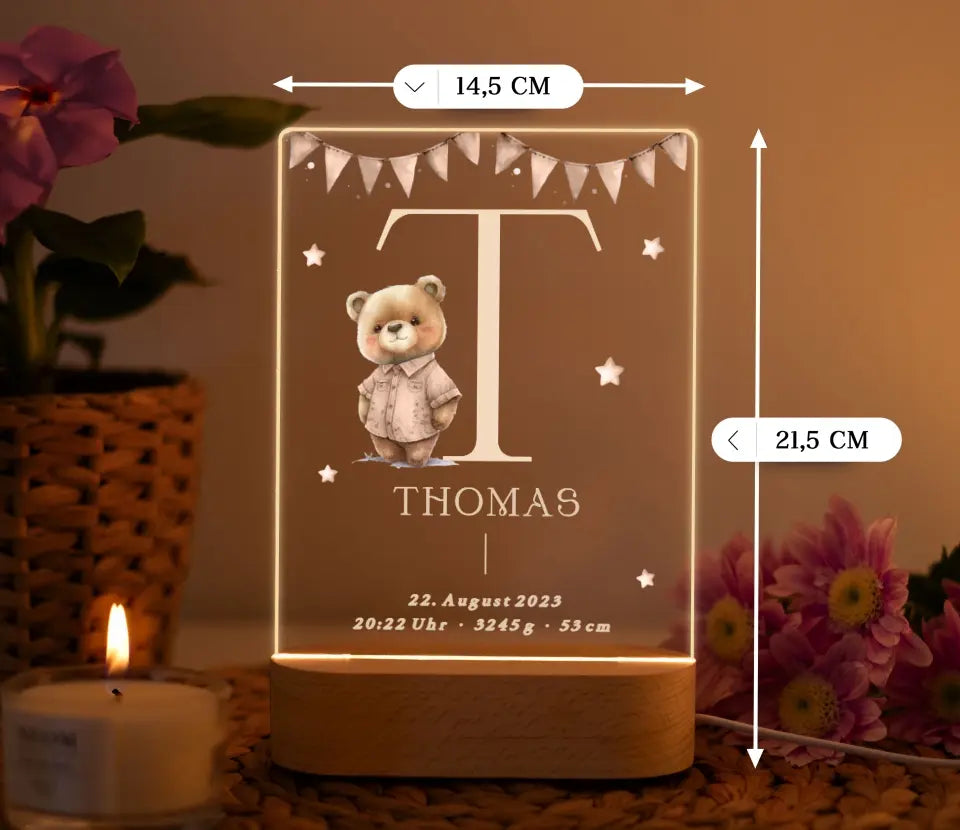 Nachtlicht personalisiert Geschenk zur Geburt Teddybär Aquarell Beige