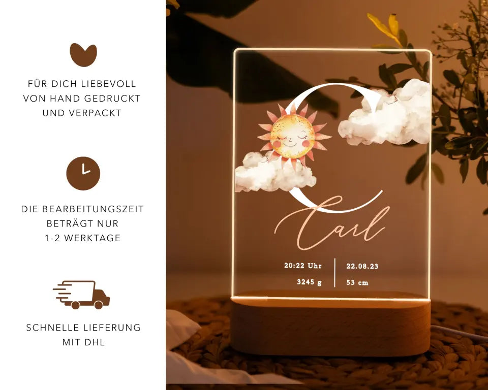 Nachtlicht personalisiert Geschenk zur Geburt Aquarell Beige