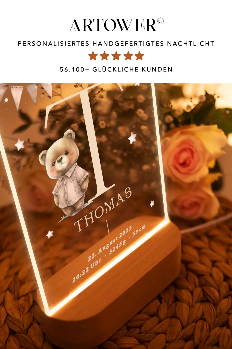 Nachtlicht personalisiert Geschenk zur Geburt Teddybär Aquarell Beige