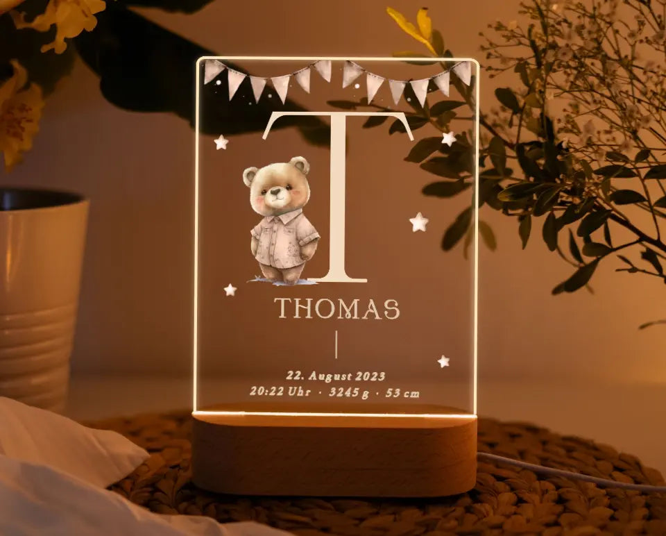 Nachtlicht personalisiert Geschenk zur Geburt Teddybär Aquarell Beige