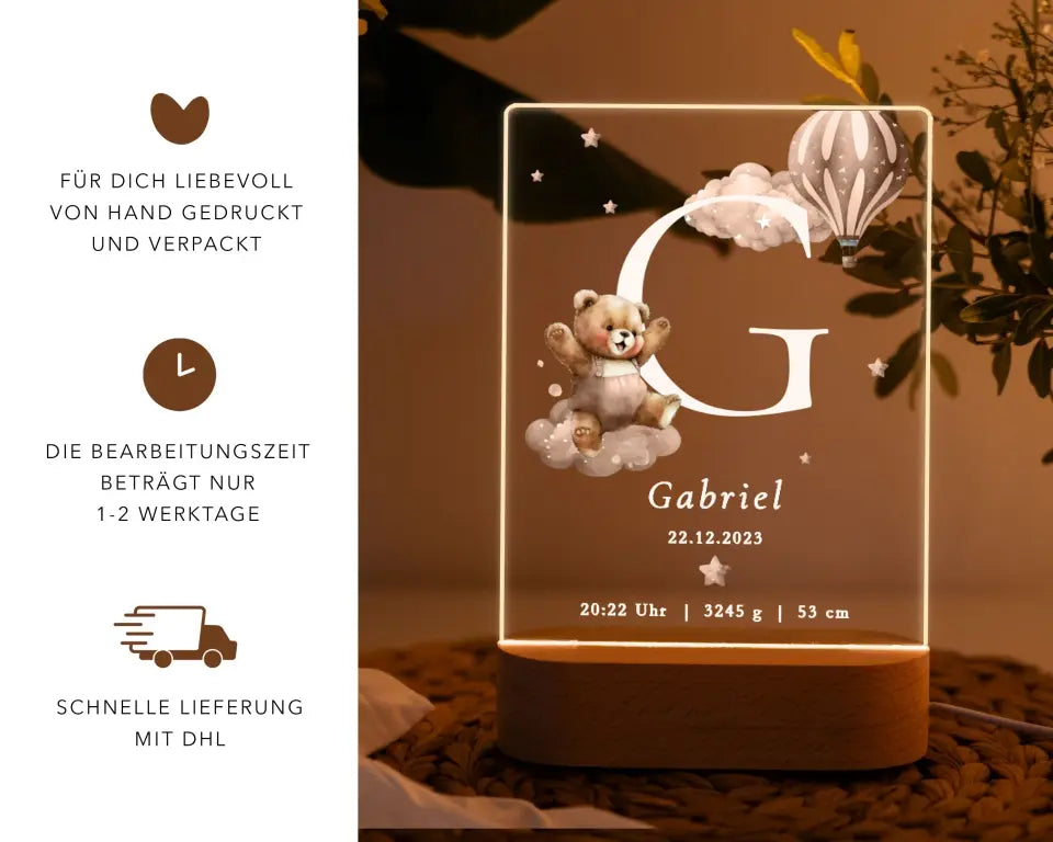 Nachtlicht personalisiert Geschenk zur Geburt Aquarell Bär Beige