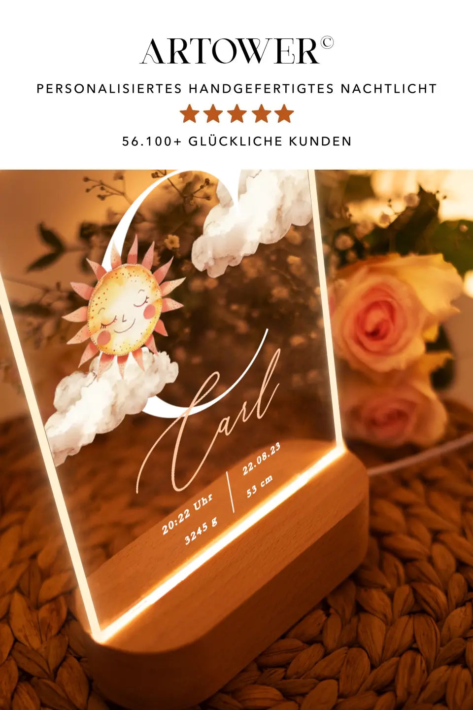 Nachtlicht personalisiert Geschenk zur Geburt Aquarell Beige