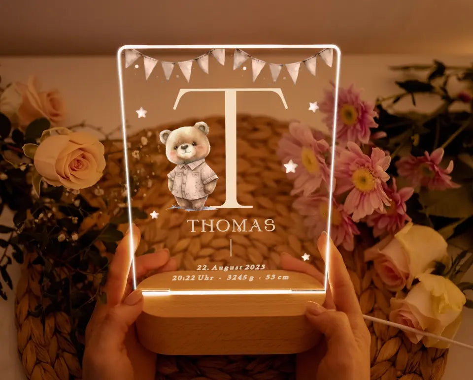 Nachtlicht personalisiert Geschenk zur Geburt Teddybär Aquarell Beige