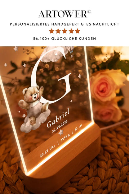 Nachtlicht personalisiert Geschenk zur Geburt Aquarell Bär Beige