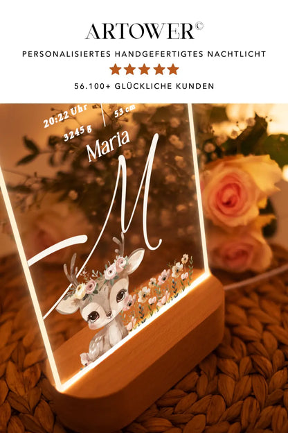 Nachtlicht personalisiert Geschenk zur Geburt Aquarell Reh