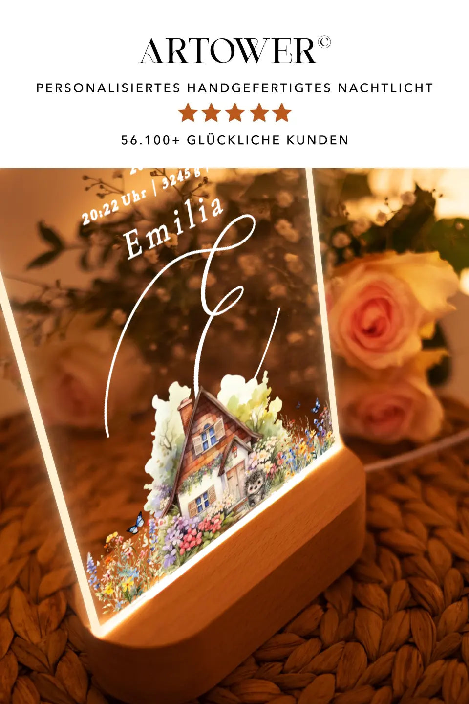 Nachtlicht personalisiertes Geburtsgeschenk Aquarell Häuschen